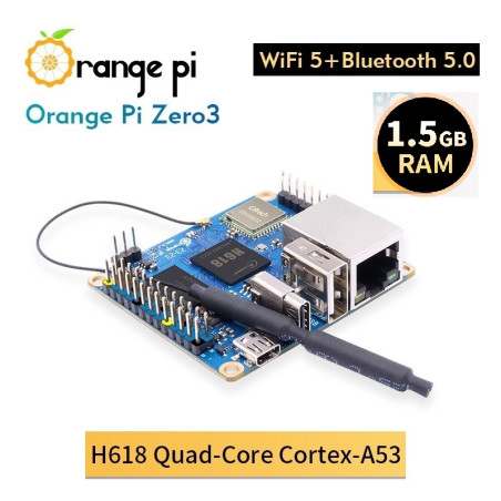 Orange Pi Zero 3 - 1.5GB RAM CPU Allwinner H618 Quad-core Cortex-A53 processor 1.5GHz